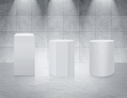 museum podium. realistisch kubussenpodium, 3d tentoonstellingsvertoningen. galerij geometrische blanco productstandaards. spotlight verlicht voetstuk. 3D render foto