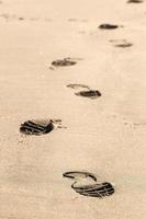 close-up van voetafdrukken in het zand op het strand foto