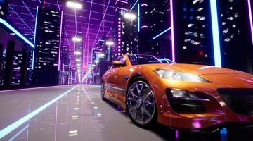 toekomstige sportwagen in neonstad 3d render foto