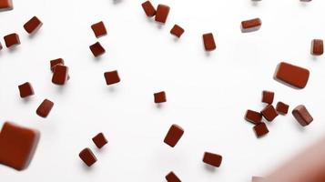 Chocoladebrokken die op geïsoleerde witte vloer vallen 3d illustratie 3D-rendering foto