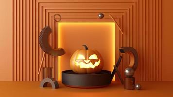 oktober halloween pompoenen hoofd groeien met geometrische vorm met product staan mock up voor heden op kleur achtergrond 3D-rendering foto