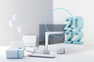 minimale cosmetische 2022-achtergrond voor productpresentatie. met steen en hout rots boog geometrische vorm en podium op grijze kleur betonnen muur achtergrond. 3D render illustratie. foto