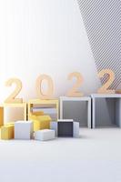 minimale cosmetische 2022-achtergrond voor productpresentatie. met steen en hout rots boog geometrische vorm en podium op grijze kleur betonnen muur achtergrond. 3D render illustratie. foto