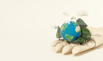 innovatieve poster of banner van wereld milieu dag met laag poly boom en wolk en rivier op de vloer met globe aarde op blauwe achtergrond 3D-rendering illustratie foto