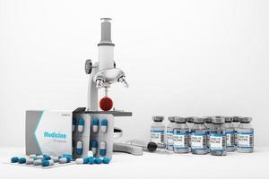 covid-19 zelftestkit met vaccin en medicijnen op witte achtergrond. 3D-rendering foto