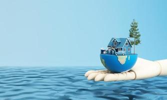 Wereldwaterdag die waterkwaliteitscampagne en milieubeschermingsconcept bespaart. globe bol zwevend over water met kraan en waterdruppel op een blauwe geïsoleerde achtergrond. 3D-rendering illustratie foto