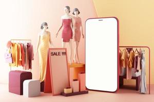 het concept van online vrouwen die kleding winkelt op de app voor sociale media. 3D-laptopscherm met boodschappentas, chatbericht, winkelwagentje op roze pastelkleur 3D-rendering foto