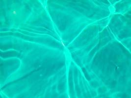 defocus wazig transparant blauw gekleurd helder kalm water oppervlaktetextuur met spatten en bubbels. trendy abstracte natuur achtergrond. watergolven in zonlicht. blauwe waterachtergrond. foto