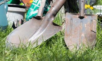 tuin gereedschap. tuingereedschap op de achtergrond van een tuin in groen gras. zomer werk tool. twee schoppen gestapeld in de tuin buiten. het concept van tuingereedschap. foto