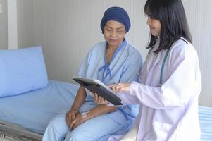 kankerpatiënt vrouw met hoofddoek na chemotherapie consultatie en bezoekende arts in het ziekenhuis.. foto