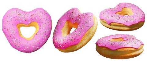 Hartvormige roze donuts met topping geïsoleerd op een witte achtergrond, donut 3D-rendering foto