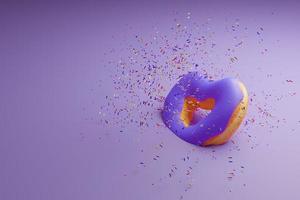 hartvormige paarse donuts met topping op kleurrijke achtergrond, donut 3D-rendering foto