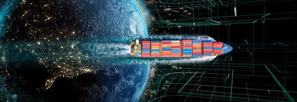 communicatietechnologie voor internet business cyber. wereldwijde planeet met bovenaanzicht vanuit de lucht van vrachtschip met contrail in de oceaan zeeschip met container en rennend voor export vanuit container foto