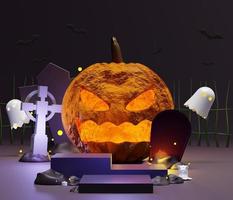 3d abstracte halloween-themaachtergrond van lege podiumvertoning voor productenpresentatie en mock-up. pompoenen jack o'lantern met geesten en vliegende vleermuizen in de donkere achtergrond. foto