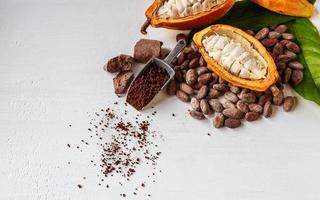 halve cacao peulen met cacaovruchten en bruin cacaopoeder foto