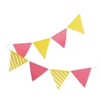 partij vlaggen 3d render illustratie. roze en gele driehoekige vlaggen die aan touw hangen voor verjaardags- of vakantiedecoratie foto