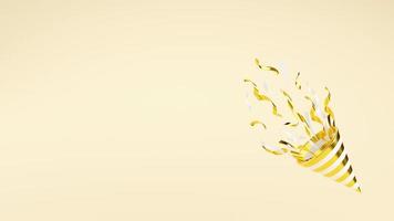 gouden party popper met vliegende confetti 3d render illustratie met kopie ruimte.
