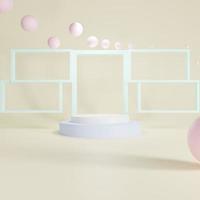3D-crèmekleurige achtergrond met lichtblauw houten frame met pallet en roze ballen. foto