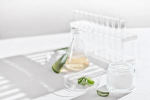 aloë vera gezichtscrème en plakjes aloëblad in een petrischaaltje op laboratoriumtafel. medisch glaswerk. medische cosmetica voor de probleemhuid. schoonheidsverzorging concept. foto