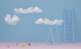 ladder of trapladder en wolk met hemelsblauwe pastel compositie kamer, minimalistische mockup, abstracte showcase achtergrond, concept 3d illustratie of 3d render foto