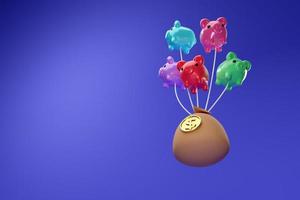 ballon spaarvarken met geldzak op blauwe achtergrond, concept 3d illustratie of 3d render foto