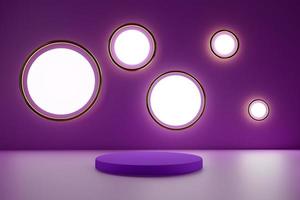 podium met geometrische vormen leeg in paarse of violette compositie voor moderne toneelvertoning en minimalistische mockup, abstracte showcaseachtergrond, concept 3d illustratie of 3d render foto