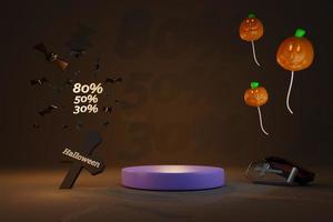 podium en kaarslicht in ballonpompoen met transparante glazen kist voor happy halloween, concept 3d illustratie of 3d render foto