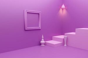 podium met geometrische vormen leeg en aardewerk in paarse of violette compositie voor moderne toneelvertoning en minimalistische mockup, abstracte showcaseachtergrond, concept 3d illustratie of 3d render foto
