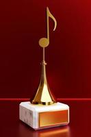 gouden muziekprijs met een notitie op een rode achtergrond, 3d illustratie foto