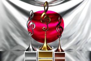 treble clef awards voor het winnen van de muziekprijs tegen de achtergrond van de nationale vlag van japan, 3d illustratie. foto