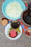 het bereiden van apparatuur voor het stampen van papajasalade-krab-thais eten is een populair straatvoedsel dat in het hele land als gezond voedsel wordt verkocht. foto