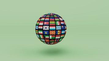 3D render planeet aarde wereldbol met alle landen vlag op lichtgroene achtergrond foto