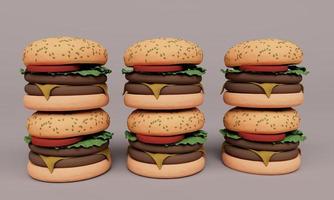 fastfood hamburgers. hamburger met vlees en kaas, tomaat 3D-rendering foto