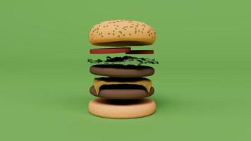 fastfood hamburgers. hamburger met vlees en kaas, tomaat 3D-rendering foto