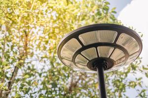 kleine lampjes op zonne-energie langs het pad in de tuin foto