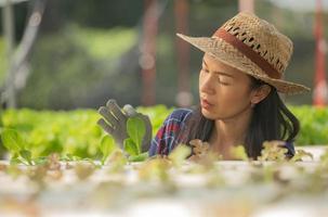 aziatische vrouw boeren werken in groenten hydrocultuur boerderij met geluk. portret van vrouwelijke boer die de kwaliteit van groene salade groente controleert met een glimlach in de groene huisboerderij. foto