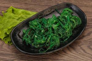 groene chuka zeewier salade geïsoleerd op een witte achtergrond bovenaanzicht. wakame zeekelp salat foto