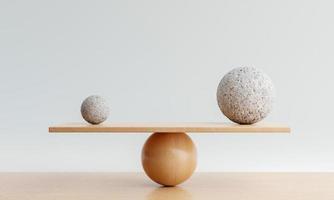 houten weegschaal balanceren met een grote bal en een kleine bal. harmonie en evenwicht concept. 3D illustratie weergave foto