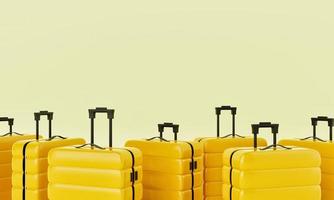 groep gele karretjekoffers op geïsoleerde achtergrond. reisobject en reislustconcept. 3D illustratie weergave foto
