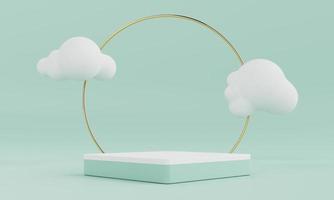 minimaal productpodium in pastelgroene kleur en geometrische vorm en minimale wolk voor presentatieachtergrond. abstracte achtergrond en decoratie sjabloon concept. 3D illustratie weergave foto