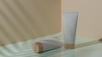 verschillende lege cosmetische container mock-ups zonnescherm schaduw op beige muur, plastic crème tube.beauty product.background voor product presentatie.3d render illustratie. foto