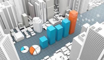zakelijke infographics-grafiek in moderne bouwstad, 3D-rendering