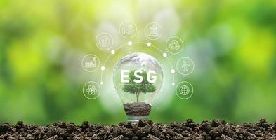 esg-pictogramconcept in draagbare lamp voor milieu, sociaal en bestuur in duurzaam en ethisch zakendoen op netwerkverbinding. pictogram op een gloeilamp met een groeiende boom foto