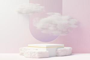 3d beauty premium voetstuk product display met dromenland en pluizige wolk. minimale pastelhemel en wolkenscène voor huidige productpromotie en schoonheidscosmetica. romantiek land van dromen concept. foto