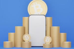 3D render stapel bitcoin met smartphone voor mockup. foto