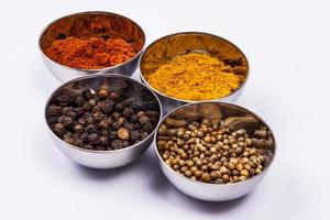 curry, peper, paprika en koriander - witte achtergrond.