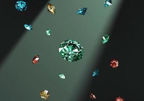 kleurrijke diamant edelstenen vallen op diepgroene achtergrond 3D-rendering foto