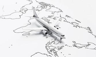 vliegtuig vliegt boven Witboek kaart van de wereld reizen achtergrond. reis- en reislustconcept. 3D illustratie weergave foto