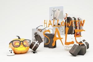 halloween verkoop promotie poster of banner met halloween pompoen en mode winkelen kleding en geschenkdoos met product podium scene.website spooky, achtergrond voor banner halloween sjabloon. 3D render foto