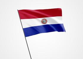 vlag van paraguay die hoog op de witte geïsoleerde achtergrond vliegt. 15 mei paraguay onafhankelijkheidsdag wereld nationale vlag collectie wereld nationale vlag collectie foto